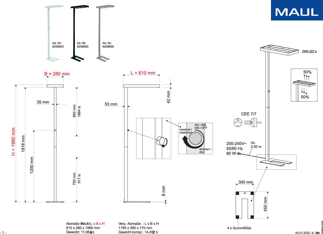 Technische Zeichnung einer Stehleuchte mit Maßen: Höhe 1956 mm, Breite 290 mm, Länge 910 mm. Details von Anschlüssen und Komponenten gezeigt.