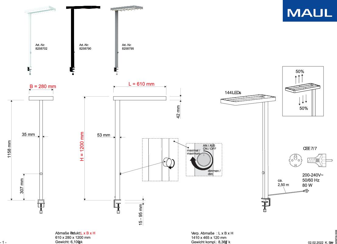 Technische Zeichnung einer LED-Lampe mit Maßen: Höhe 2260 mm, Breite 610 mm, Tiefe 260 mm. Enthält Details zu Form und Schalterposition.