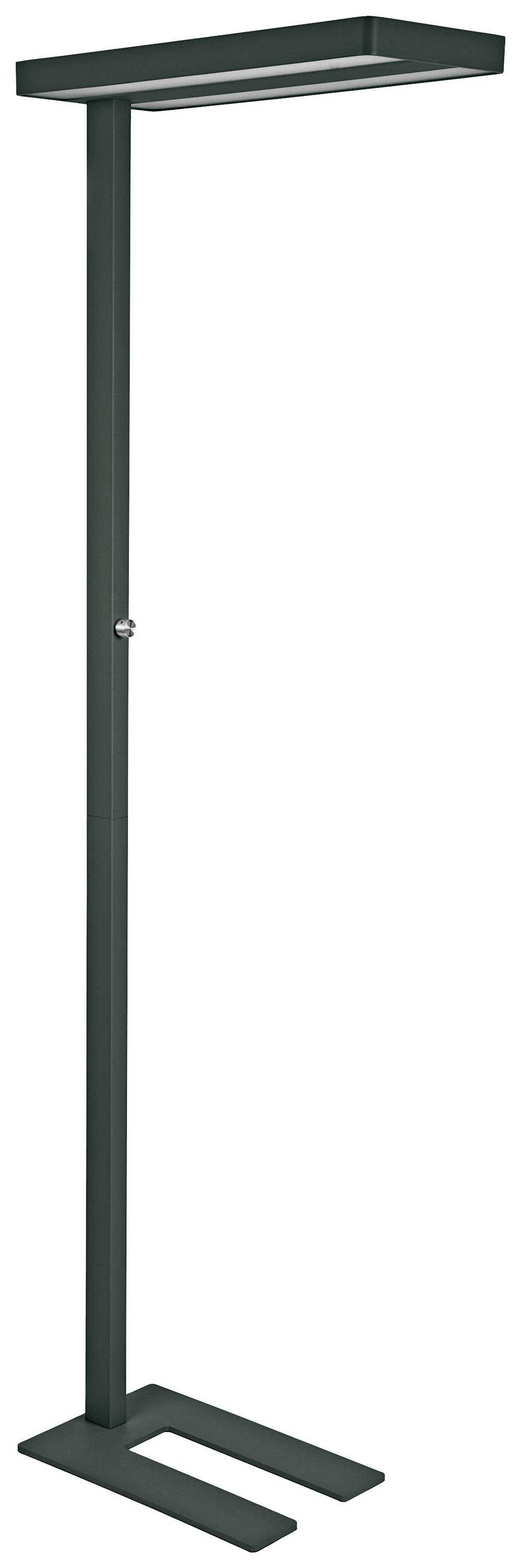 Schwarze, schlanke Stehlampe mit rechteckigem Kopf. Modernes Design, geeignet für Büros oder Wohnräume.