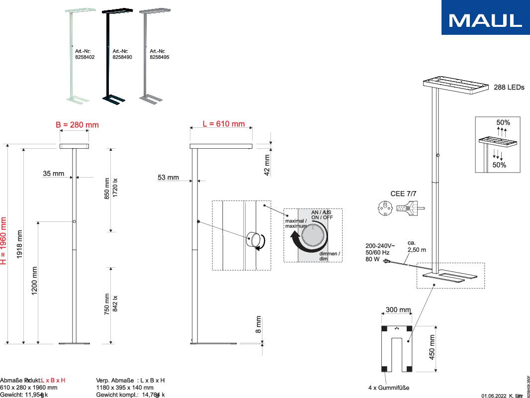 Technische Zeichnung einer Stehleuchte mit Maßen und Details zu den Bauteilen. Zeigt Ansichten der Lampe sowie die Produktnummer MAUL Lumen 8256.