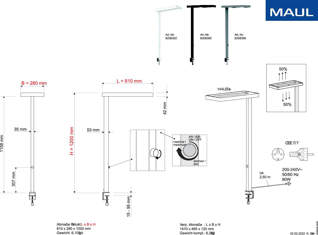 Technische Zeichnung einer MAUL Schreibtischlampe mit Höheneinstellung und Neigungsverstellbarkeit. Maße: H 1250 mm, B 280 mm, L 910 mm.