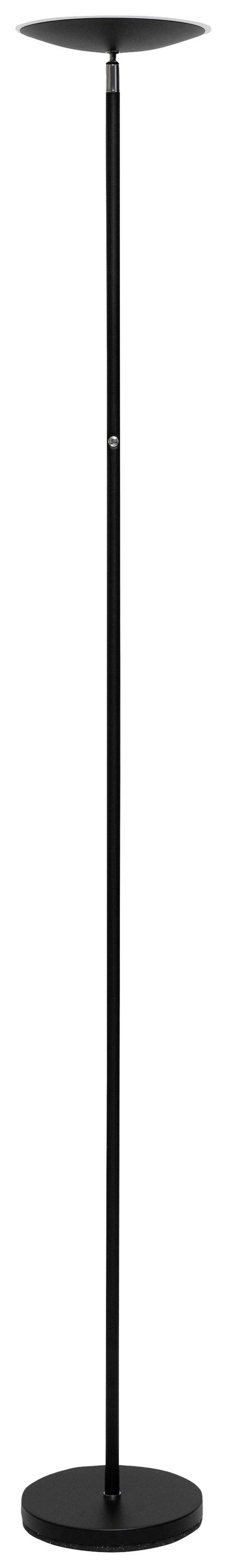 Schwarze Stehlampe mit schlankem Stabdesign und rundem Sockel, geeignet für moderne Wohnräume.