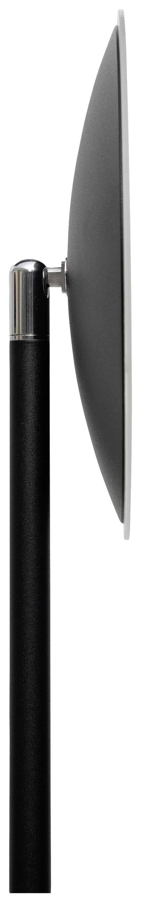 Seitenansicht einer modernen, schwarzen Stehlampe mit einem runden Lampenschirm, montiert auf einem schlanken, vertikalen Ständer.