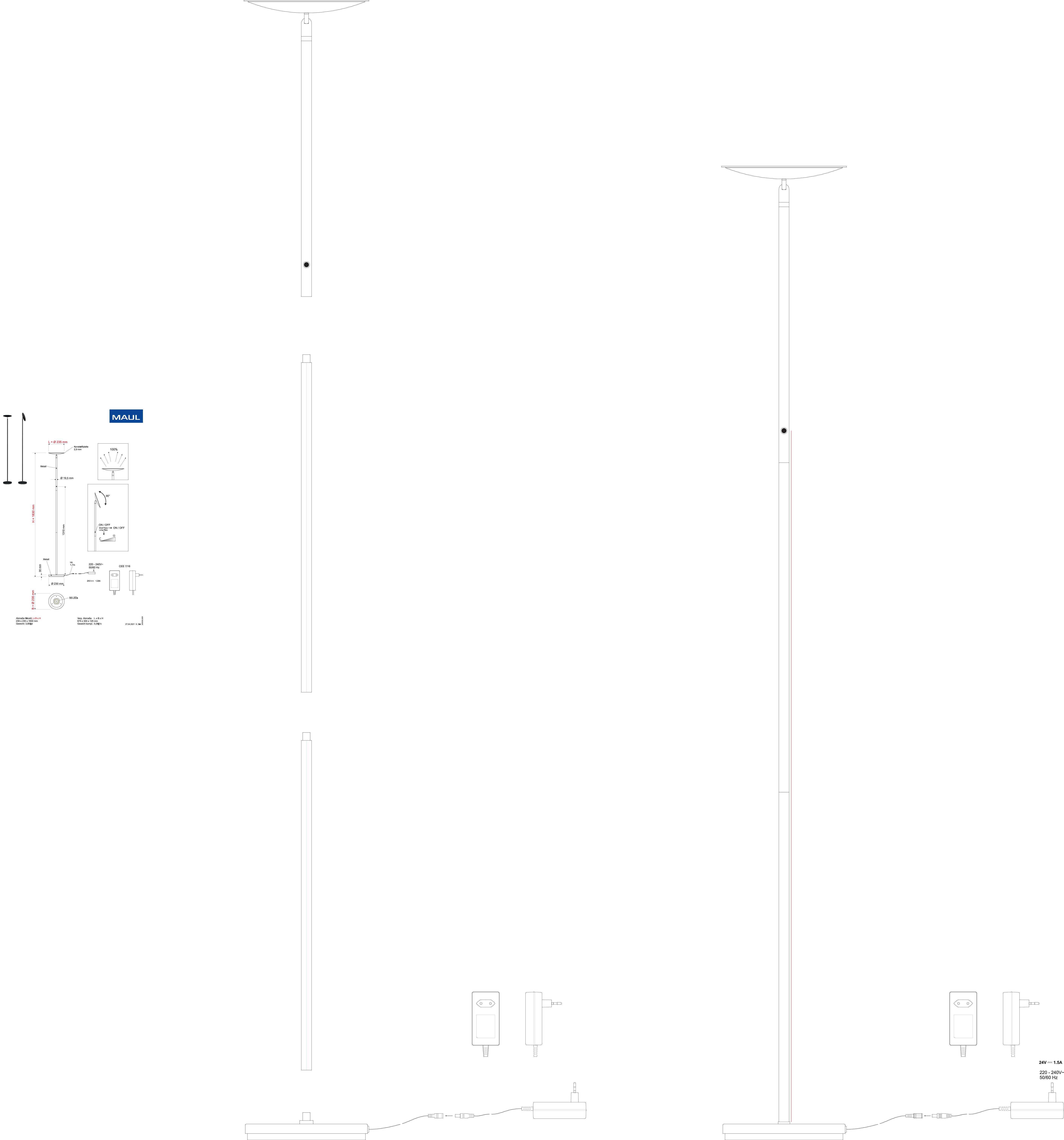 Stehleuchte mit rundem Lampenschirm, langem schlanken Ständer, Basis und integriertem Dimmer. Zeigt Maßangaben und Netzteil.