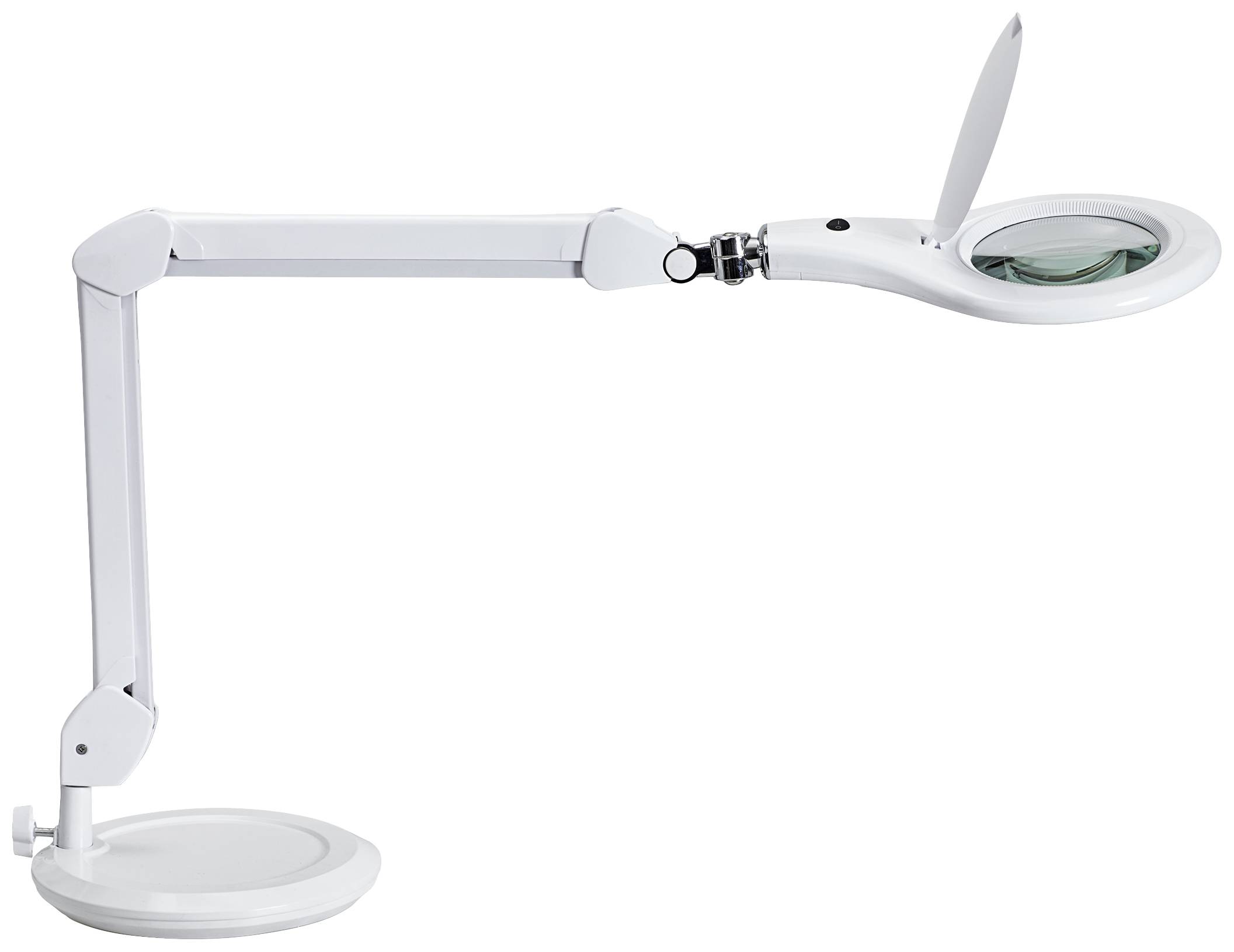 Eine weiße LED-Lupenleuchte mit flexiblem Arm und massivem Standfuß, ausgestattet mit einer kreisförmigen Linse für präzises Arbeiten.