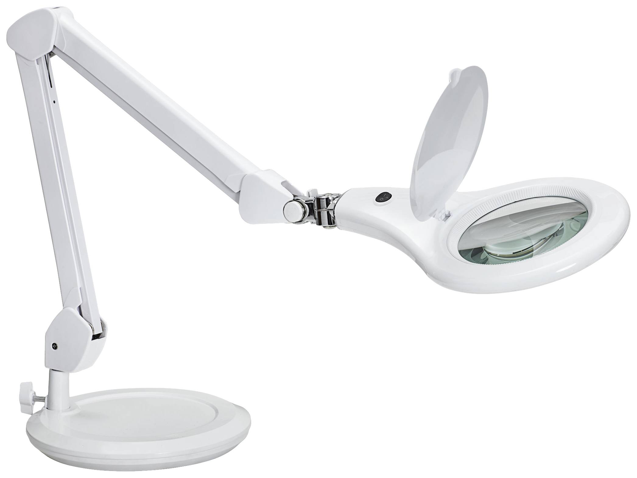 Eine weiße LED-Lupenlampe mit verstellbarem Arm und runder Basis. Sie ist zur Vergrößerung kleiner Details geeignet.