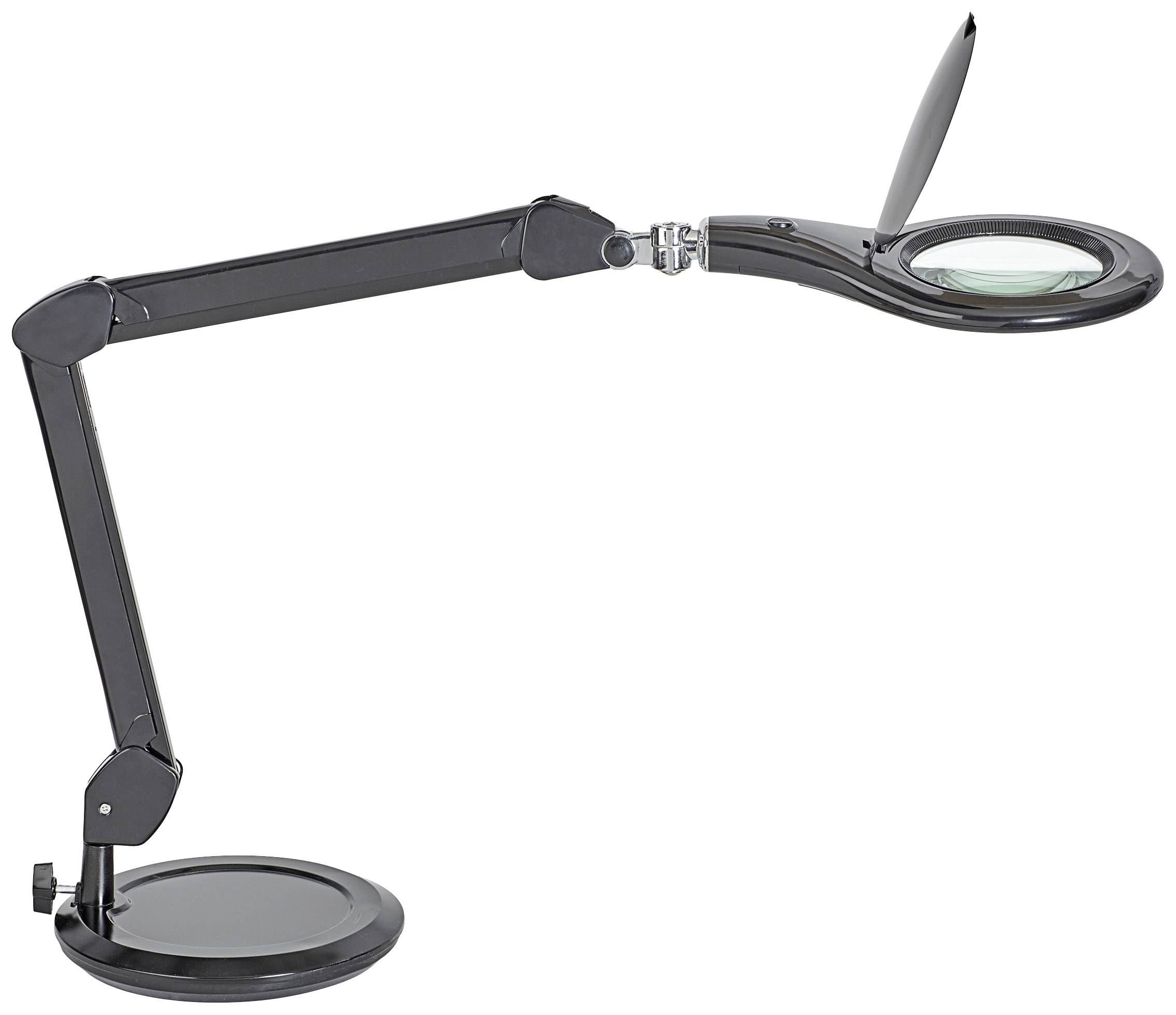 Eine schwarze, flexible Schreibtischlampe mit runder Basis und großem Kugelgelenkarm, mit einer integrierten Vergrößerungslinse am Kopf.