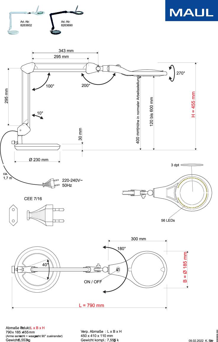 Technische Zeichnung einer LED-Lampe mit verstellbarem Arm. Enthält Maße und Ansichten aus verschiedenen Perspektiven.