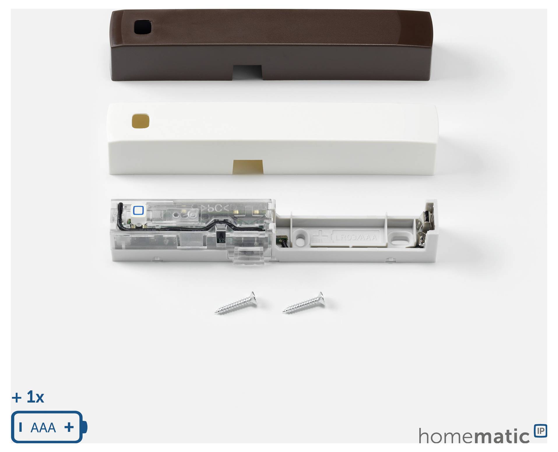 Explodierte Ansicht eines Homematick kabellosen Tür-/Fenstersensors mit braunen und weißen Abdeckungen, internem Modul und zwei Befestigungsschrauben.