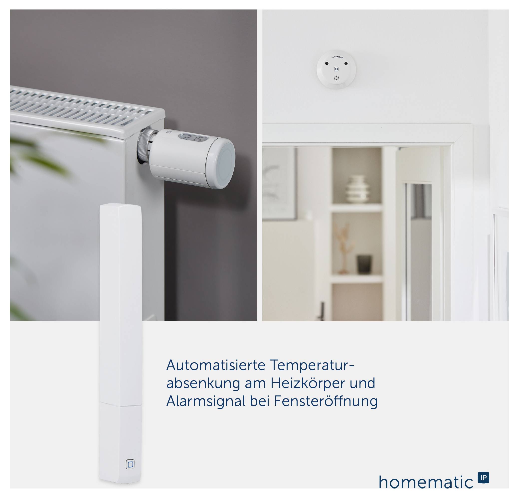 Smart-Home-Thermostat am Heizkörper und Fenstersensor; bei geöffnetem Fenster senkt das System die Temperatur automatisch und sendet Alarm.