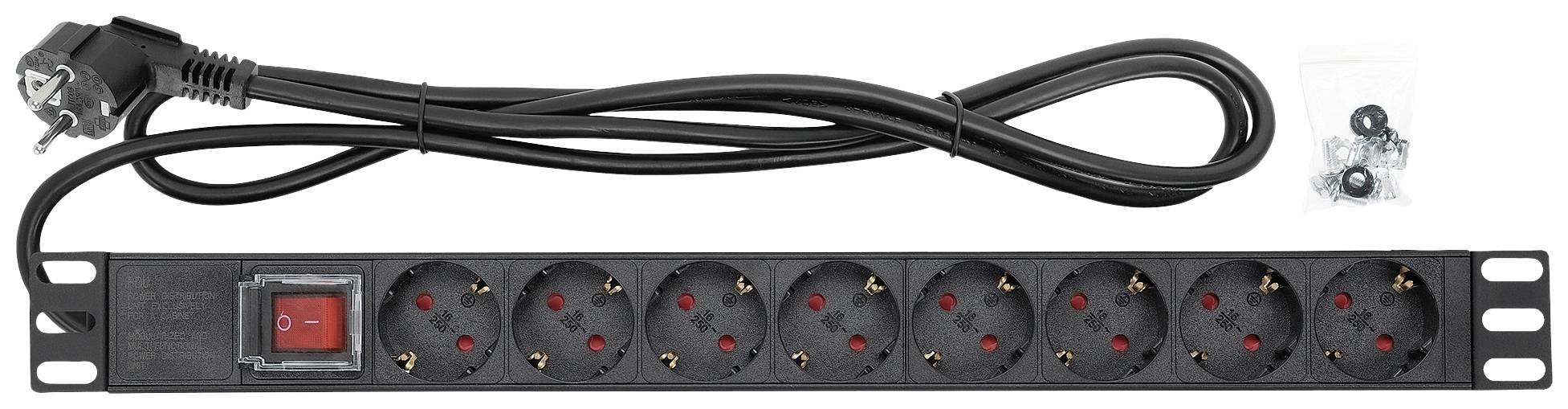 Schwarze 8-fach Steckdosenleiste mit Ein/Aus-Schalter, abnehmbaren Halterungen und langem Kabel. Geeignet für Rack-Montage.