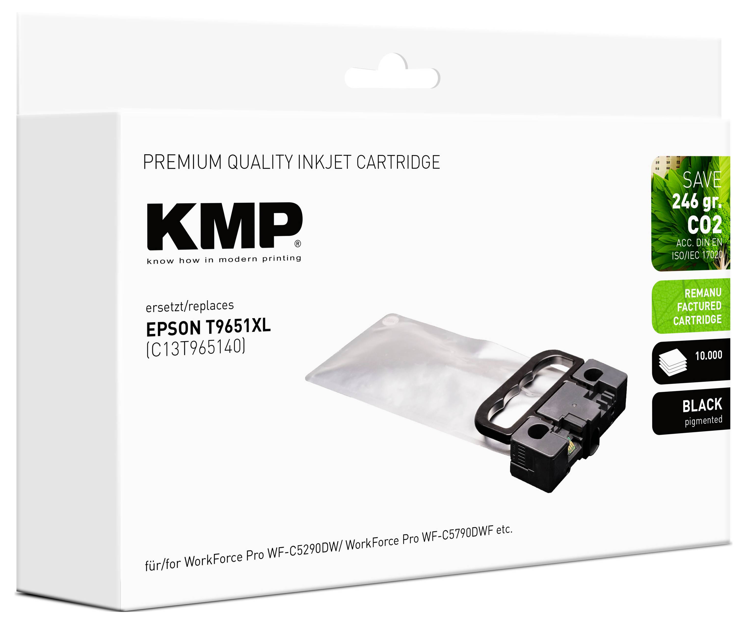 KMP Tintenpatrone für Epson T9651XL, wiederbefüllt, schwarz, mit Text 'spart 246 gr CO2'. Geeignet für WorkForce Pro WF-C5290DW, WF-C5790DW.