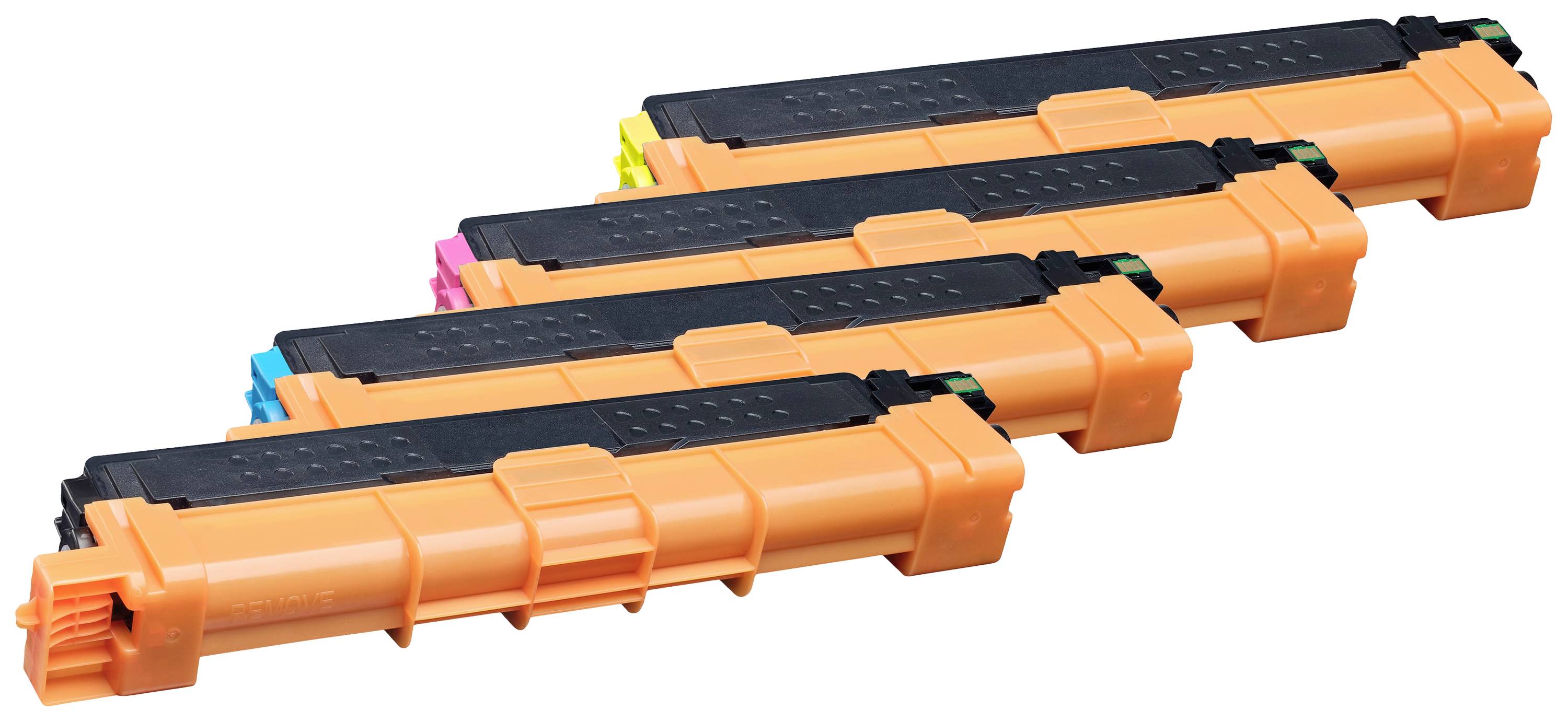 Vier farbige Tonerkartuschen in Orange, geordnet in einer Reihe. Sie stehen für Druckerzubehör in den Farben Cyan, Magenta, Gelb und Schwarz.