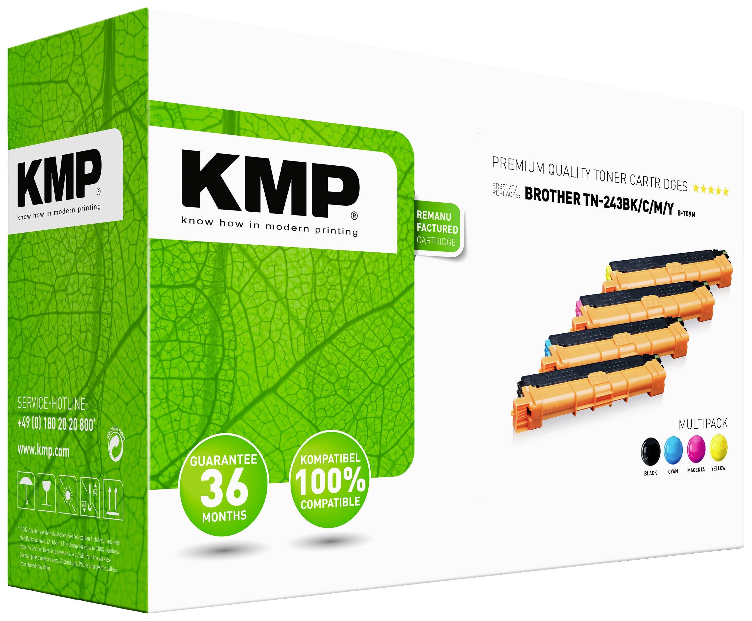Verpackung von KMP-Toner für Brother-Drucker, Modelle TN-243BK/C/M/Y. Enthält vier Tonerkartuschen. Garantiert 36 Monate.