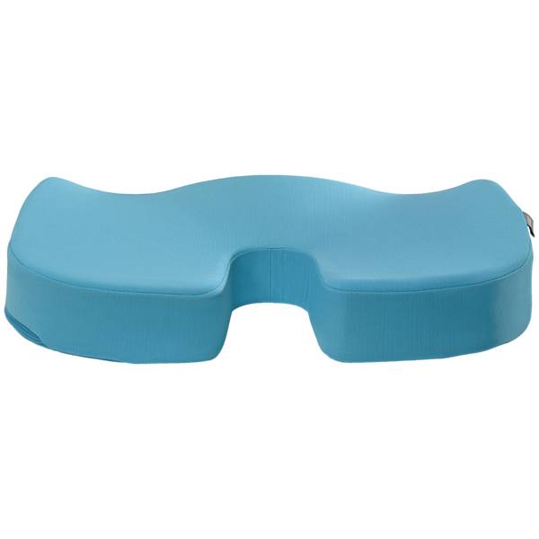 Ein blaues ergonomisches Sitzkissen in U-Form, das Komfort und Unterstützung beim Sitzen bietet.