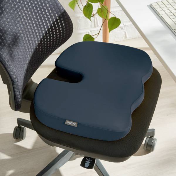 Ein ergonomisches Sitzkissen auf einem Bürostuhl, daneben ein Tisch mit grüner Pflanze.