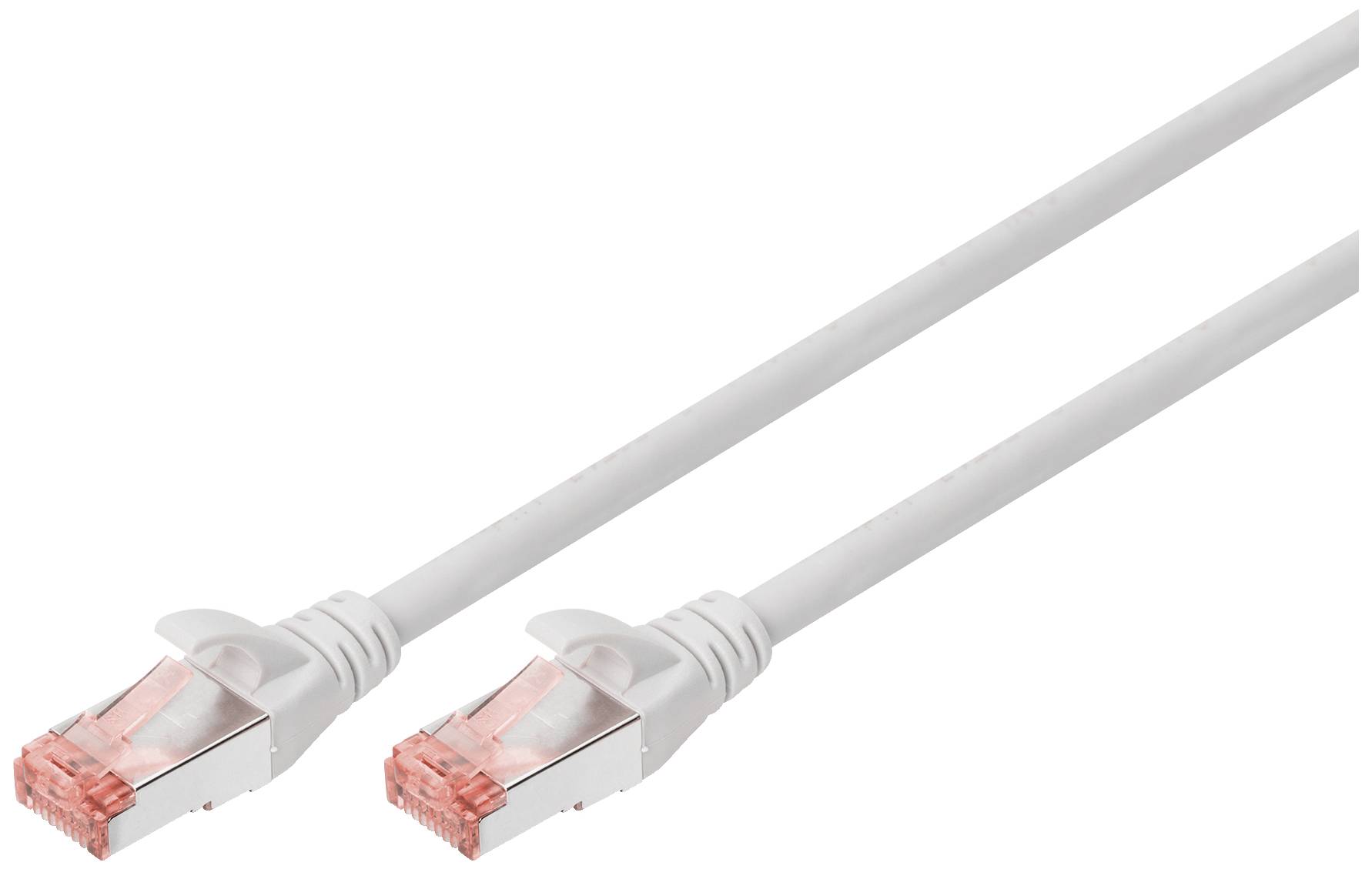 Ein weißes Ethernet-Kabel mit zwei RJ45-Steckern an den Enden zur Netzwerkverbindung.