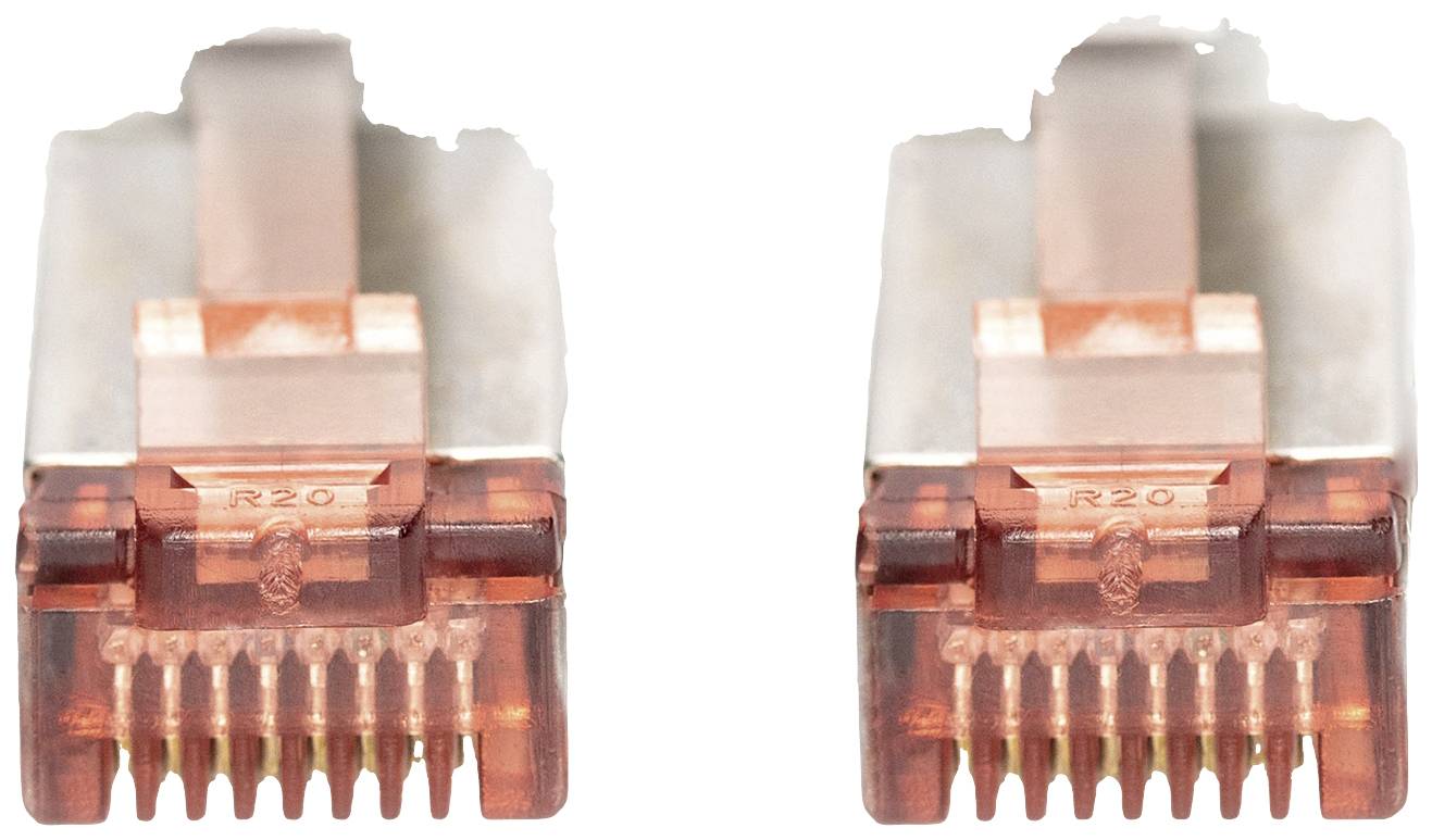 Zwei orangefarbene RJ45-Stecker nebeneinander.