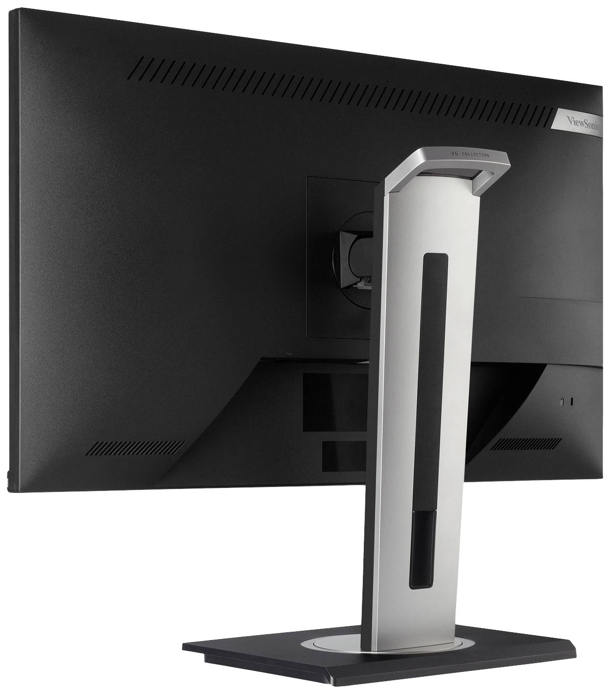 Ein Computermonitor in schwarzer Farbe, von hinten gesehen, auf einem silbernen Standfuß mit rechteckiger Basis.