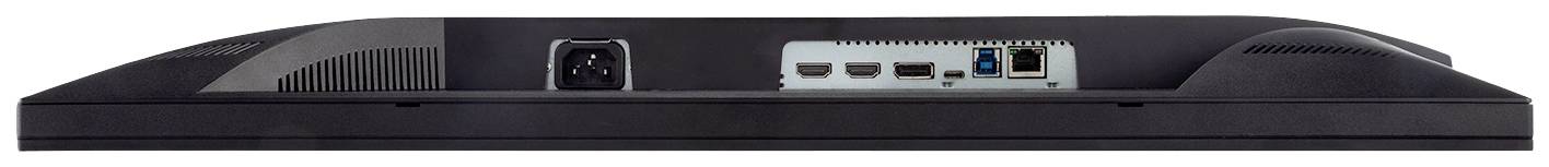 Ansicht der Rückseite eines Monitors mit mehreren Anschlüssen, darunter Ethernet, HDMI und USB, sowie einem Stromanschluss oben links.