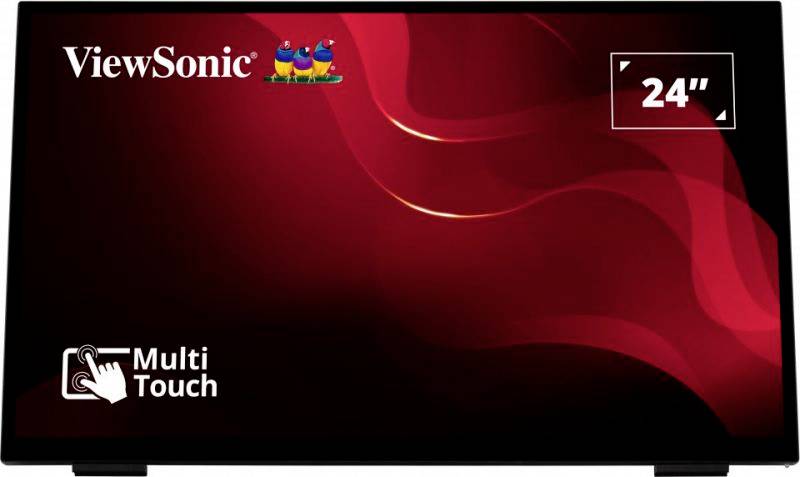 Ein 24-Zoll Multi-Touch-Display von ViewSonic mit einem roten Hintergrund und dem ViewSonic-Logo oben links.