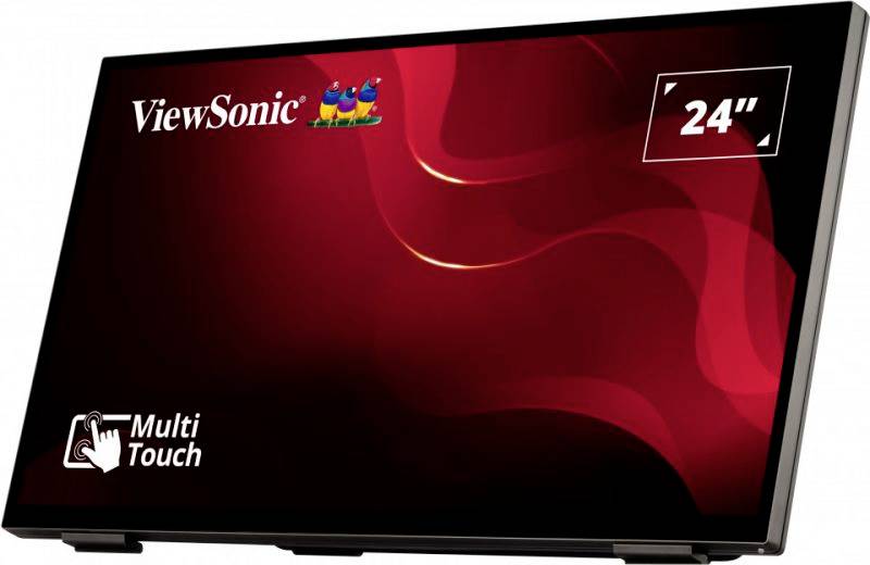 Ein 24-Zoll-Multi-Touch-Monitor von ViewSonic, mit glänzend rotem Hintergrund und grafischen Wellen.