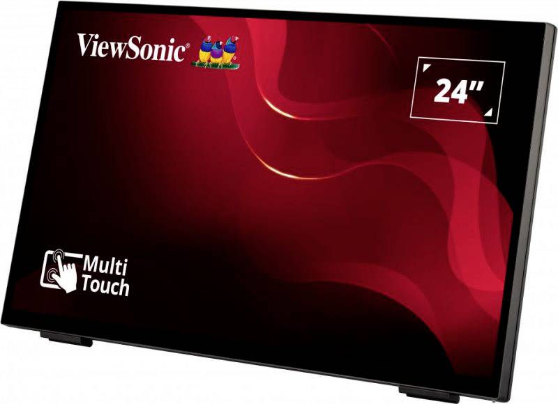 ViewSonic 24 Zoll Monitor auf schwarzem Hintergrund, unterstützt Multi-Touch. Rote wellenförmige Grafik schmückt das Display.