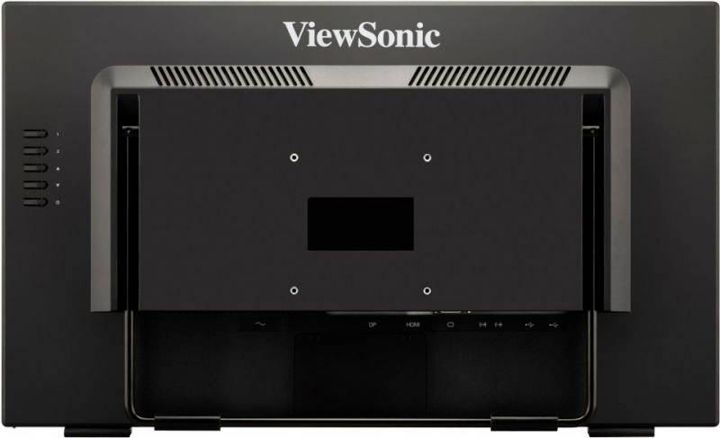Rückansicht eines schwarzen ViewSonic-Monitors mit Lüftungsschlitzen und einem zentralen, rechteckigen, abnehmbaren Panel.