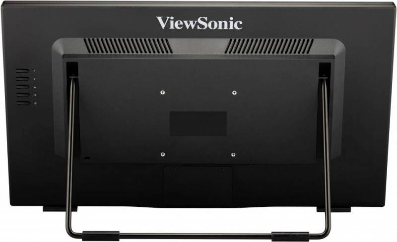 Der Monitor von hinten zeigt den Ständer und die Rückseite mit Lüftungsschlitzen. Markenname 'ViewSonic' ist sichtbar.