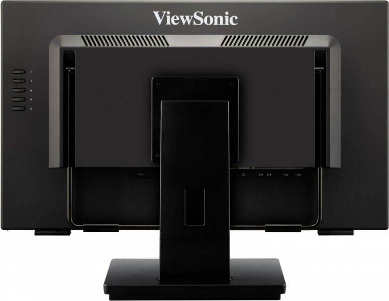 Ein schwarzer Monitor von hinten gesehen, Marke ViewSonic, mit einem stabilen Standfuß.