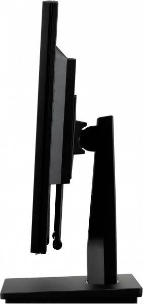 Ein schwarzer Computermonitor von der Seite, auf einem stabilen Standfuß montiert, zeigt ein schlankes und modernes Design.