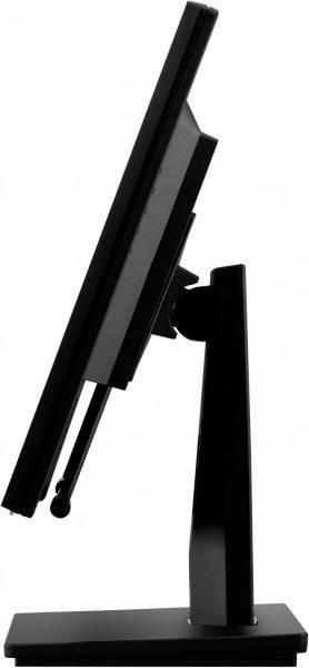 Seitenansicht eines schwarzen Computerbildschirms, der nach hinten geneigt ist, auf einem standfesten Sockel montiert.