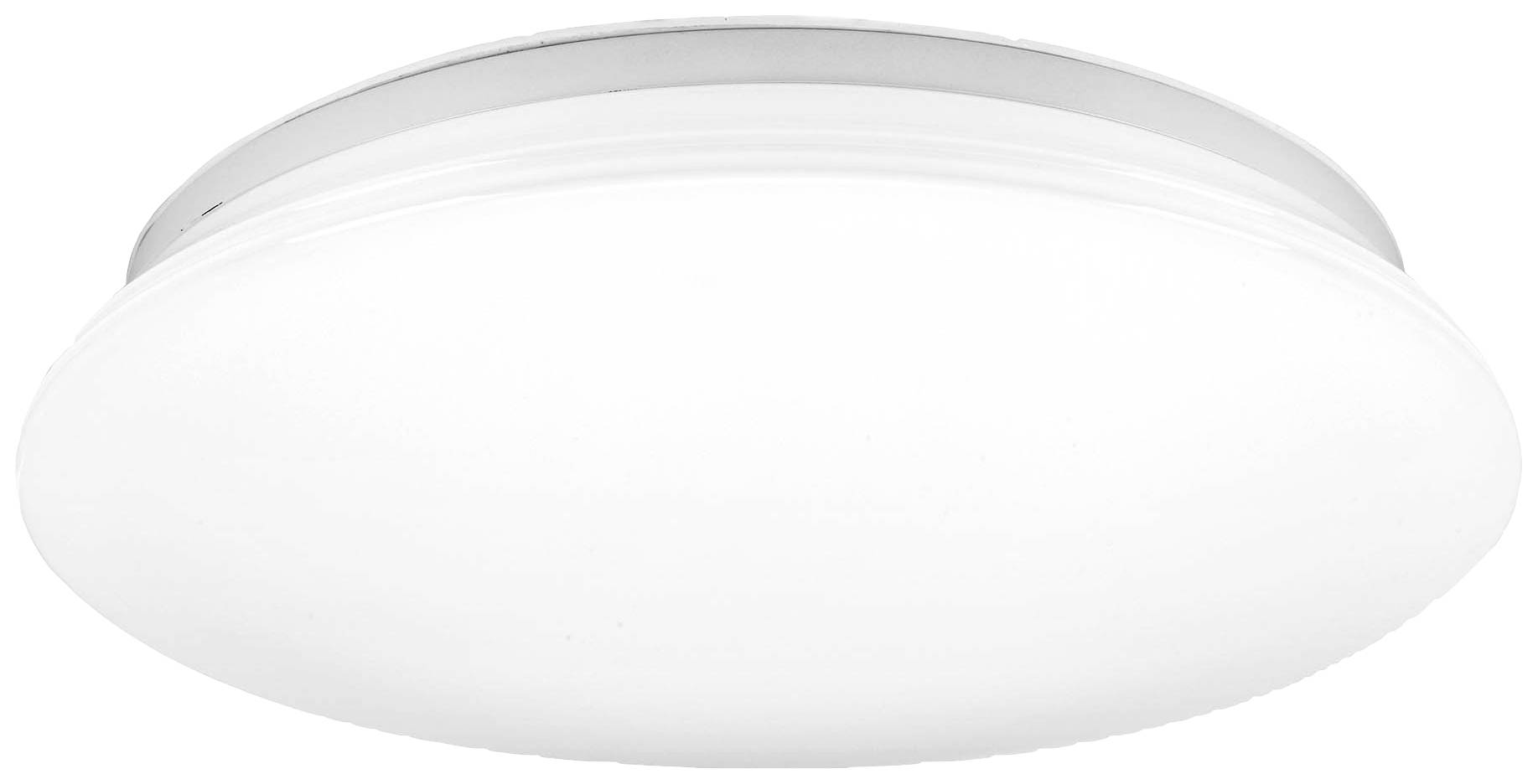 Runde, flache LED-Deckenleuchte mit weißem Gehäuse, modern und schlicht. Geeignet für Wohn- oder Büroräume.