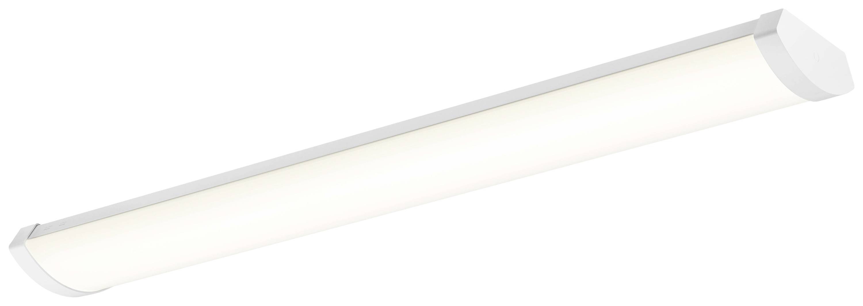 Eine längliche, weiße LED-Leuchte an der Decke, die gleichmäßiges, warmweißes Licht ausstrahlt, geeignet für moderne Innenräume.