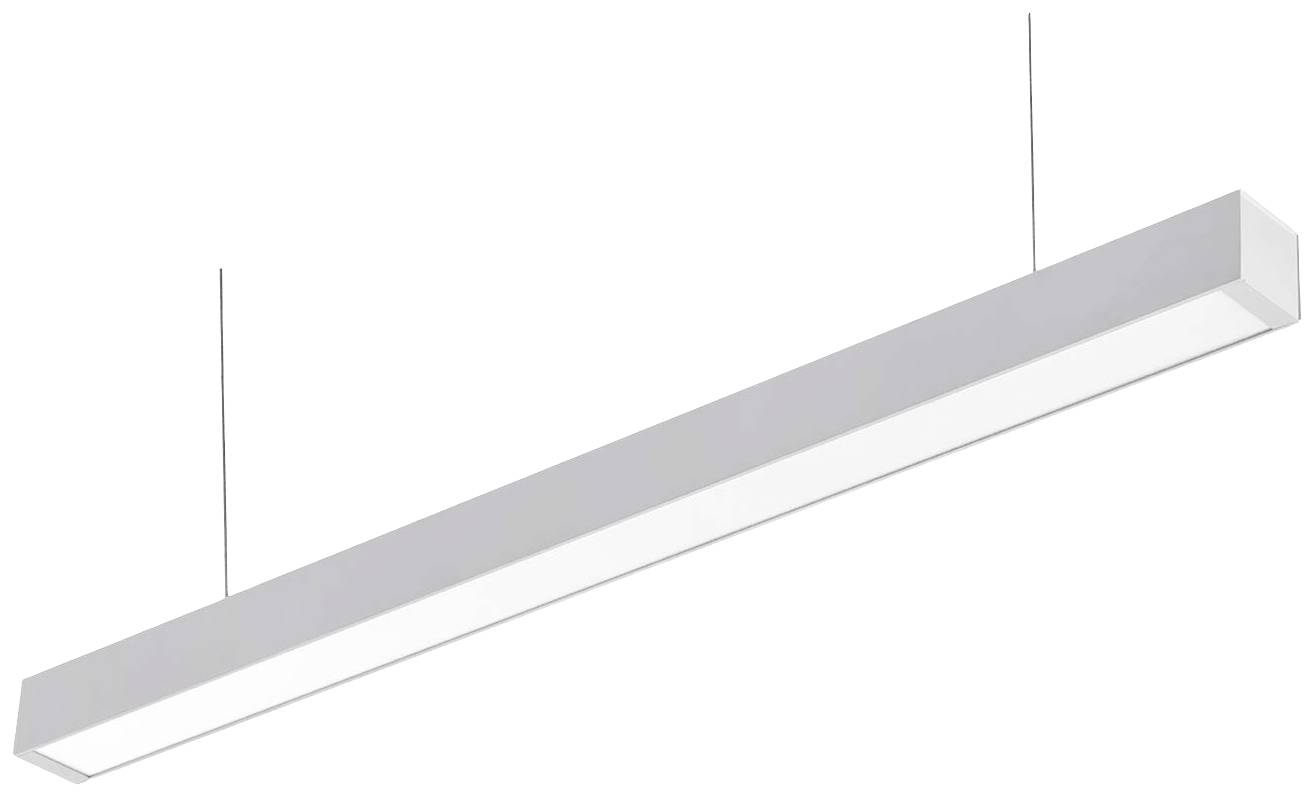 Lange, rechteckige LED-Deckenleuchte in modernem Design, weiß, an zwei dünnen Drähten aufgehängt. Geeignet für Büro- oder Wohnräume.