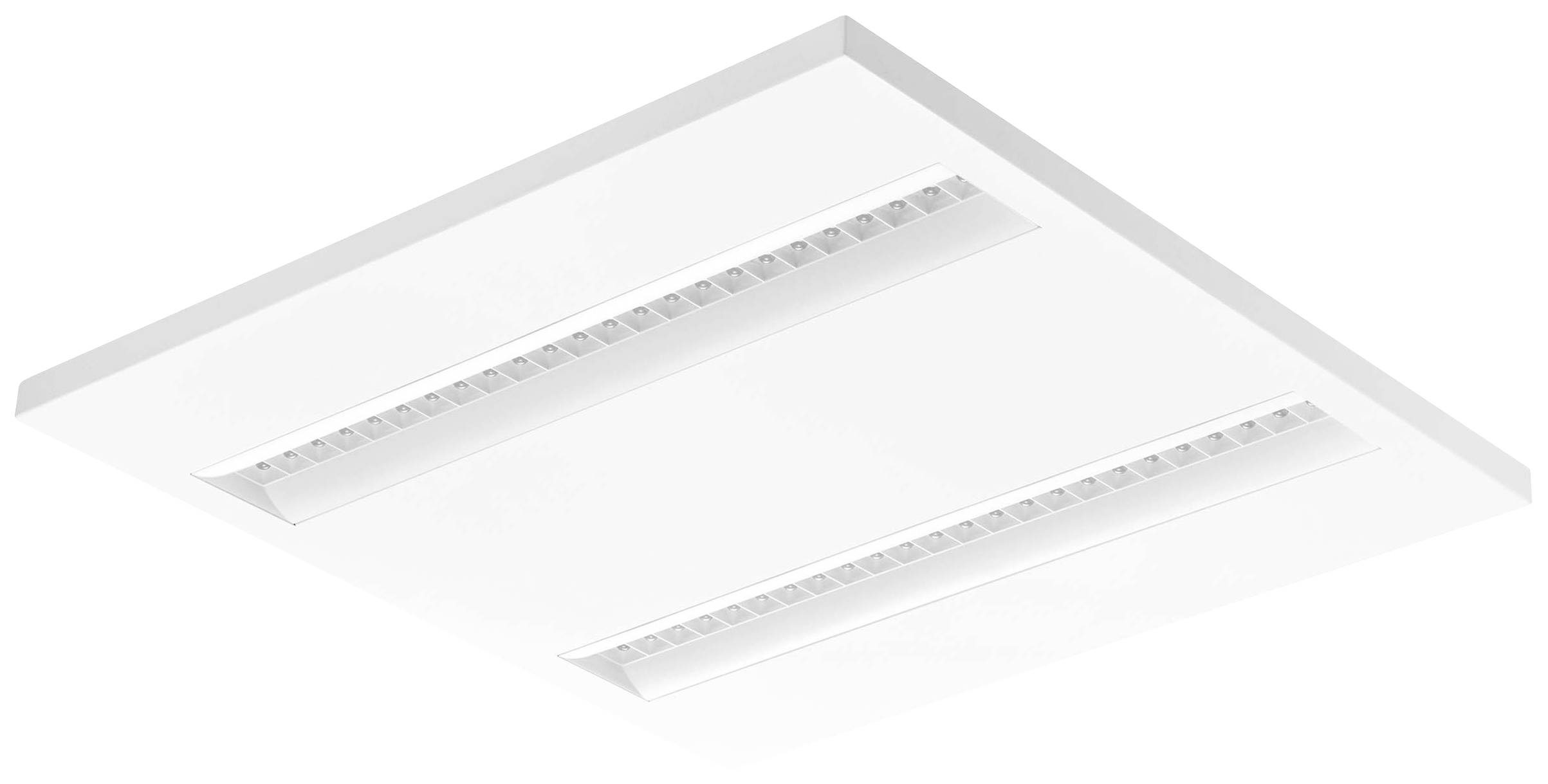 Ein weißes LED-Panellicht für die Deckenmontage, quadratische Form, geeignet für den Innenbereich, mit zwei Leuchtstreifen.