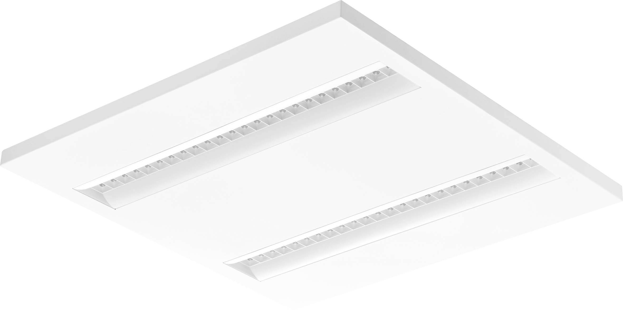 Ein rechteckiges, weißes LED-Panel mit zwei integrierten Leuchtstreifen, geeignet für Büros oder Wohnräume.
