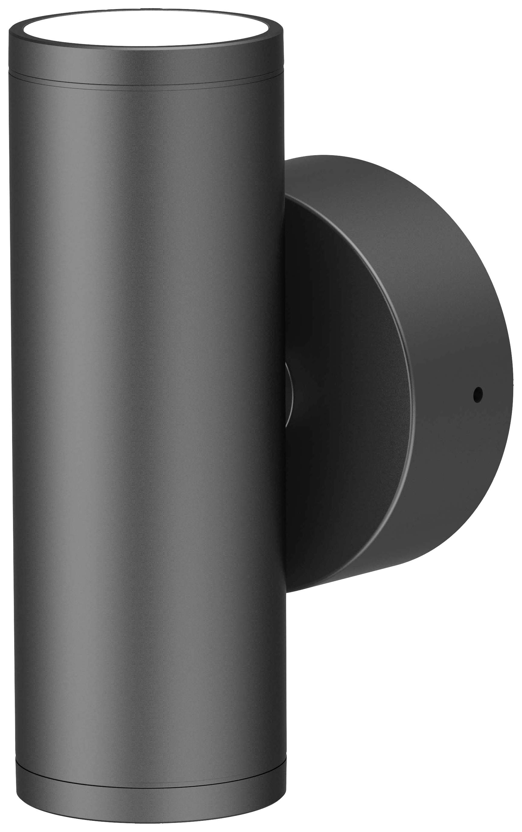 Außenwandleuchte in zylindrischer Form aus schwarzem Metall, geeignet für Wandmontage. Ideal für moderne Außenbeleuchtung.