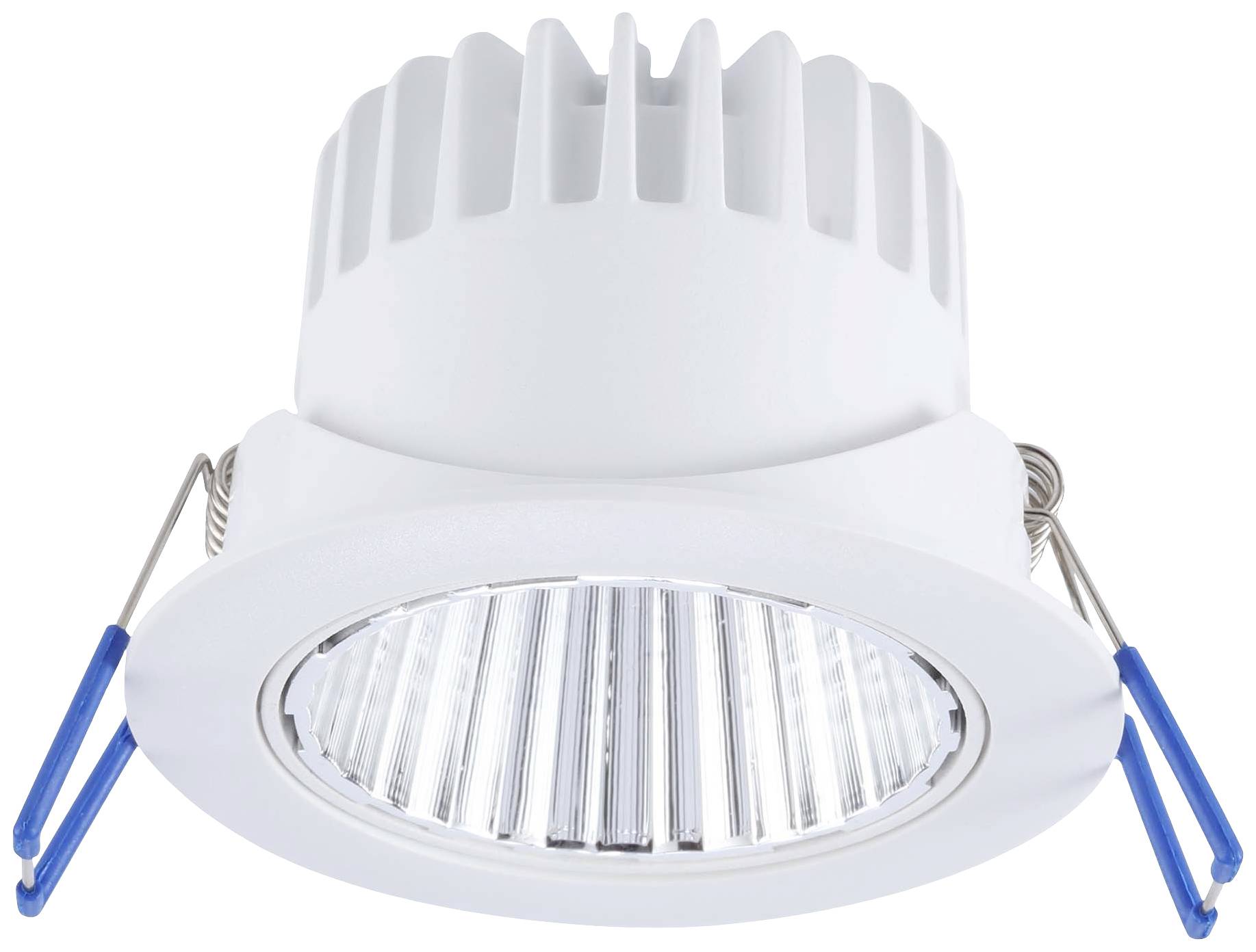 Einbau-LED-Deckenspot in Weiß mit Kühlrippen und blauen Clips zur Befestigung.