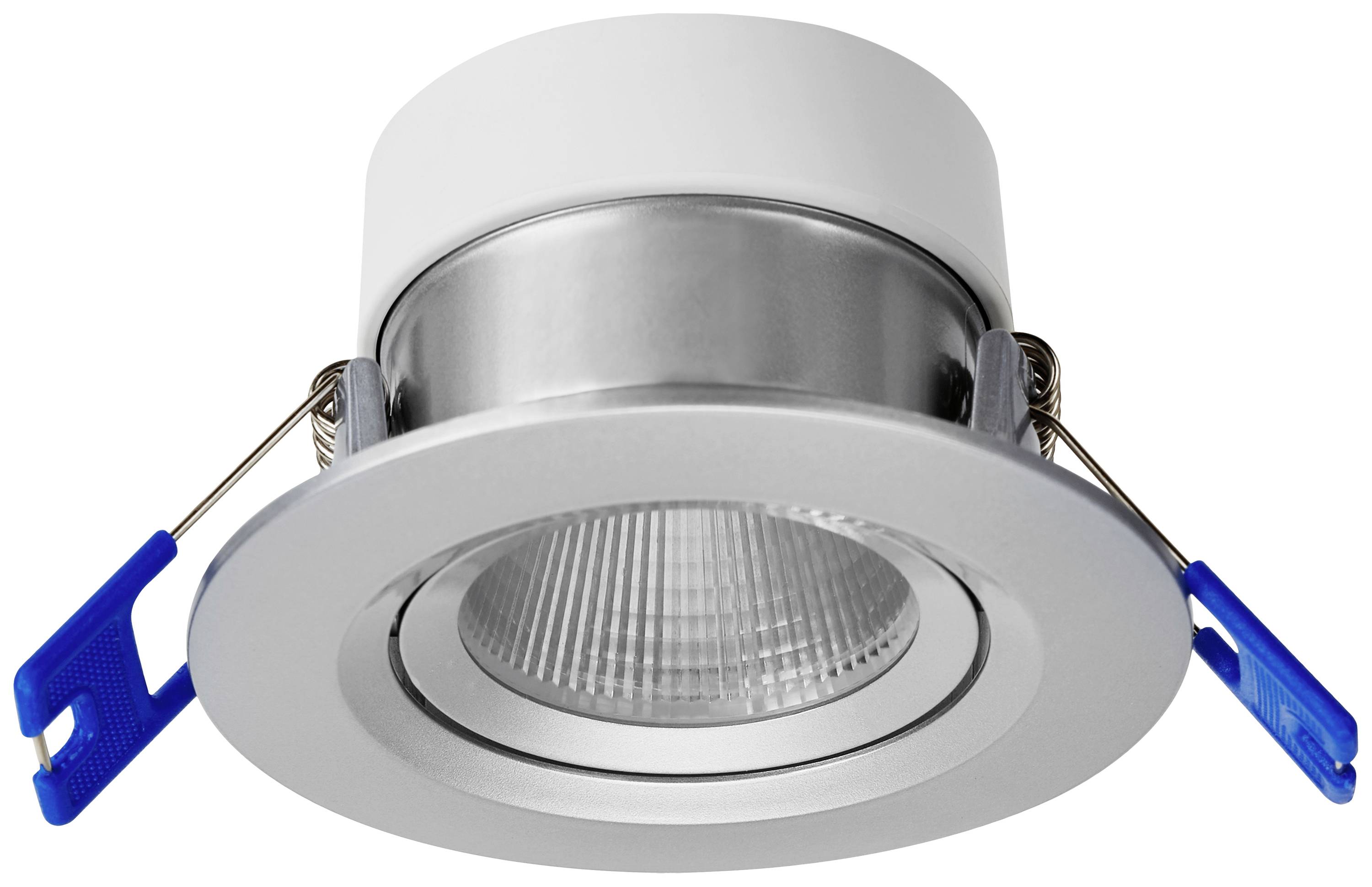 Einbau-LED-Deckenspots mit silbernem Rahmen und blauen Halteklammern, geeignet für Innenbeleuchtung.