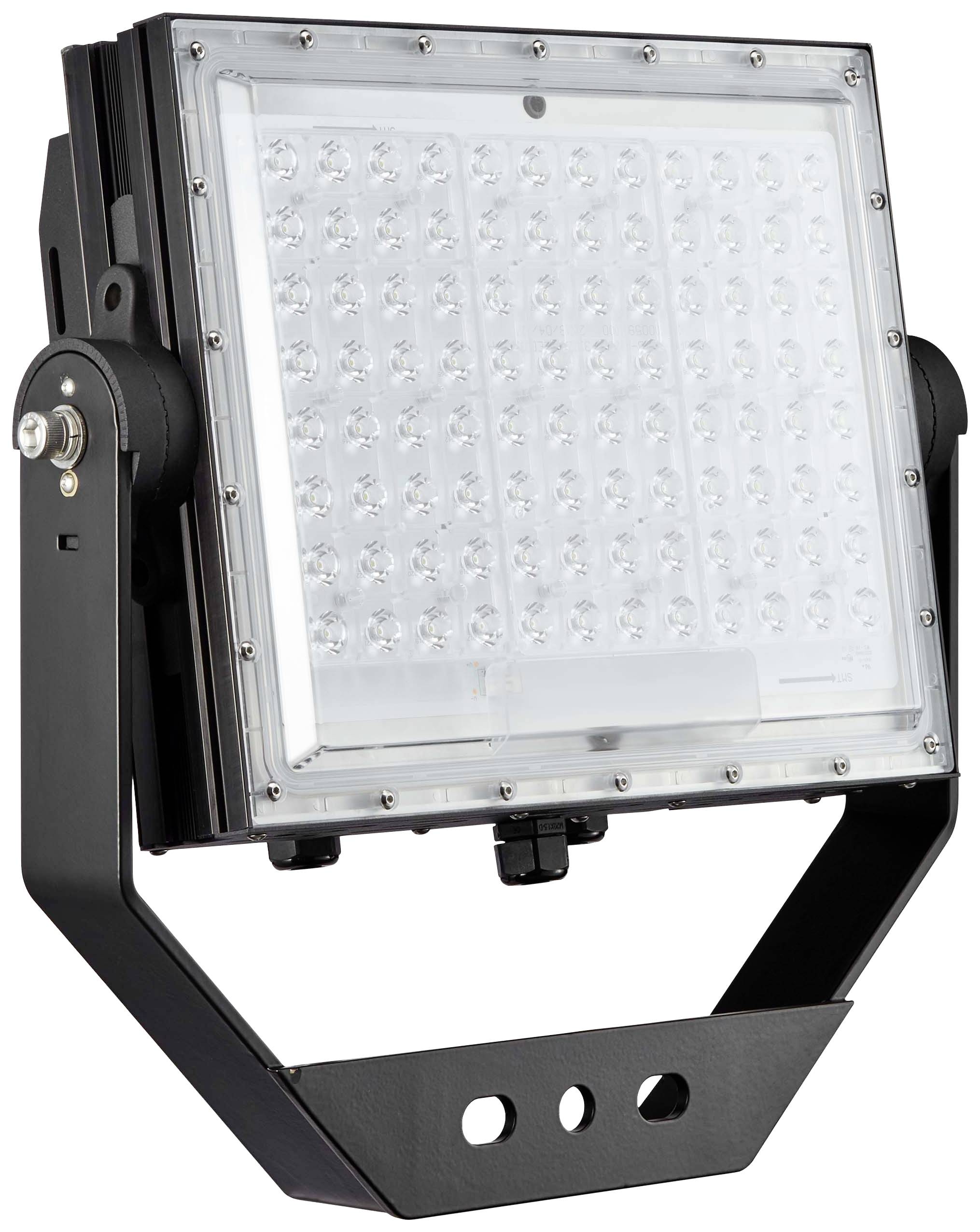 LED-Flutlicht mit schwarzem Rahmen und verstellbarem Halter. Geeignet für Außenbeleuchtung und Sportanlagen.
