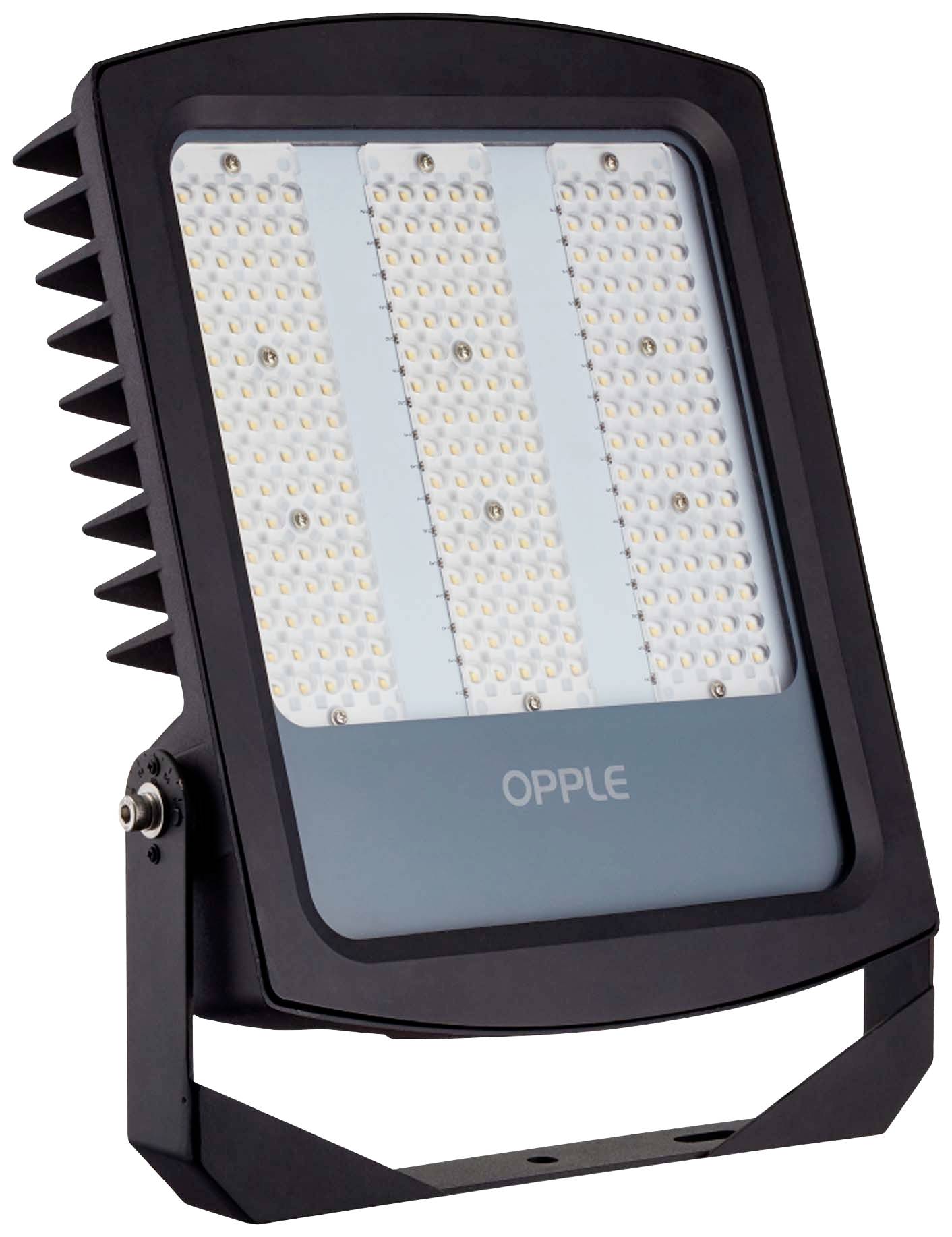 Flutlichtstrahler mit der Aufschrift 'Opple', schwarzes Gehäuse, LEDs auf rechteckigem Panel, geeignet für Außenbeleuchtung.