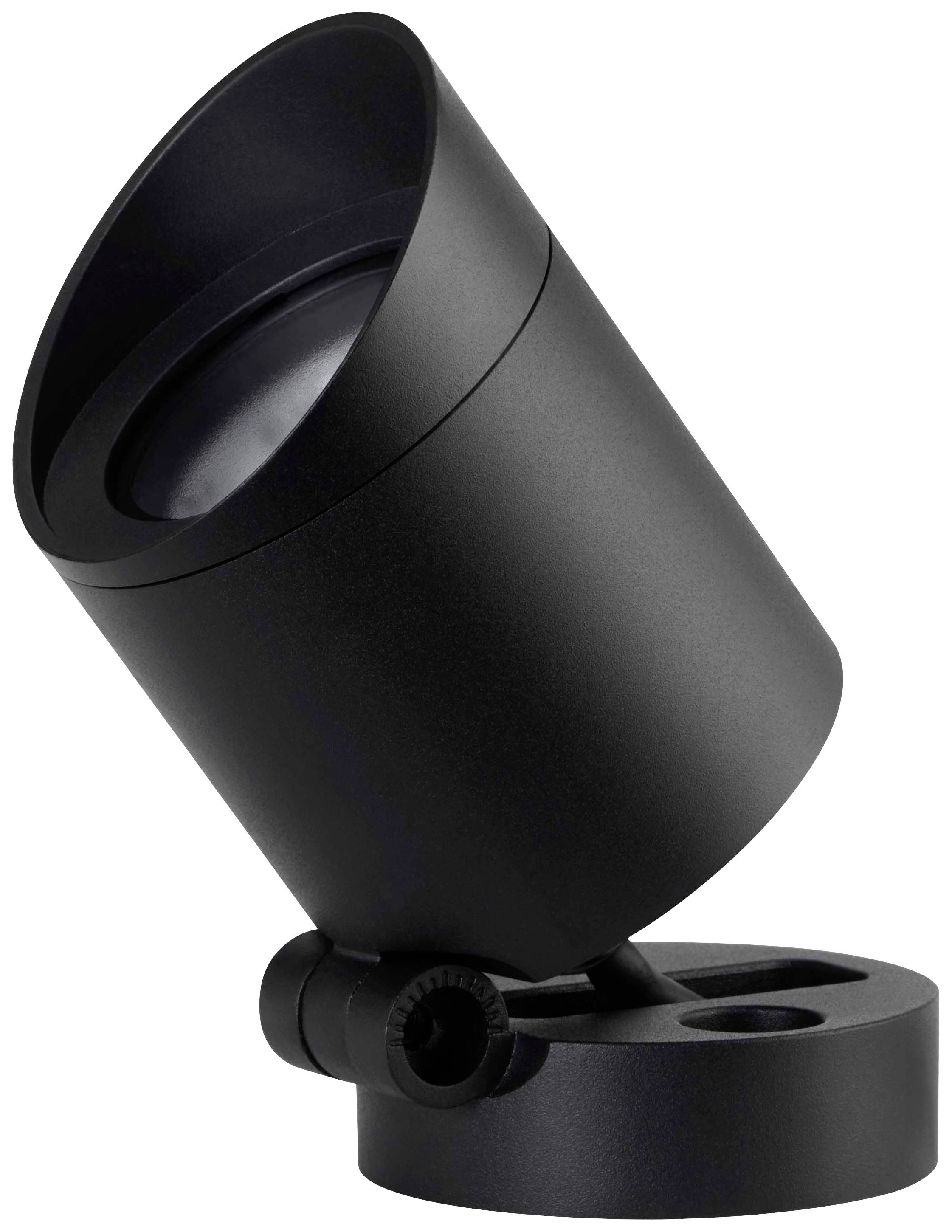 Schwarzes, zylinderförmiges LED-Licht mit verstellbarer Halterung, seitlich gezeigt. Ideal für fokussierte Beleuchtung.