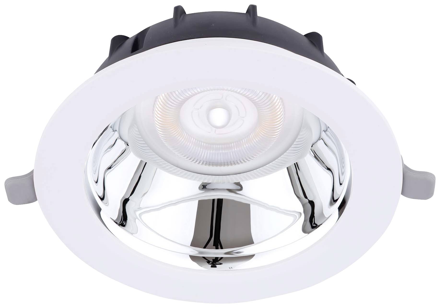 LED-Deckeneinbauleuchte in runder Form, silber-weißer Rahmen, zentrales Leuchtmittel.