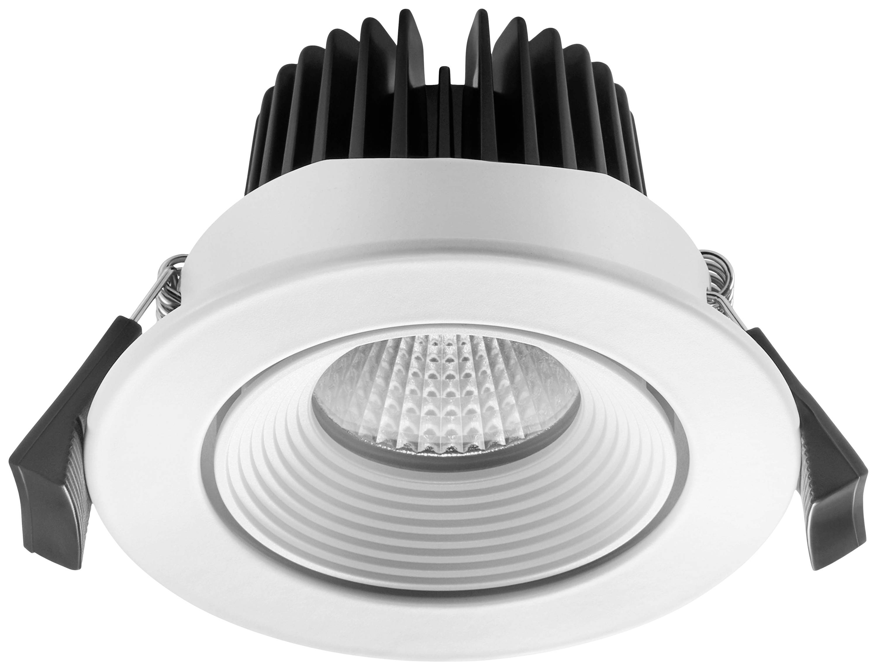 Ein runder LED-Einbauspot aus Metall mit schwarzem Kühlkörper und weißem Rahmen. Geeignet zur Deckeneinbaubeleuchtung.