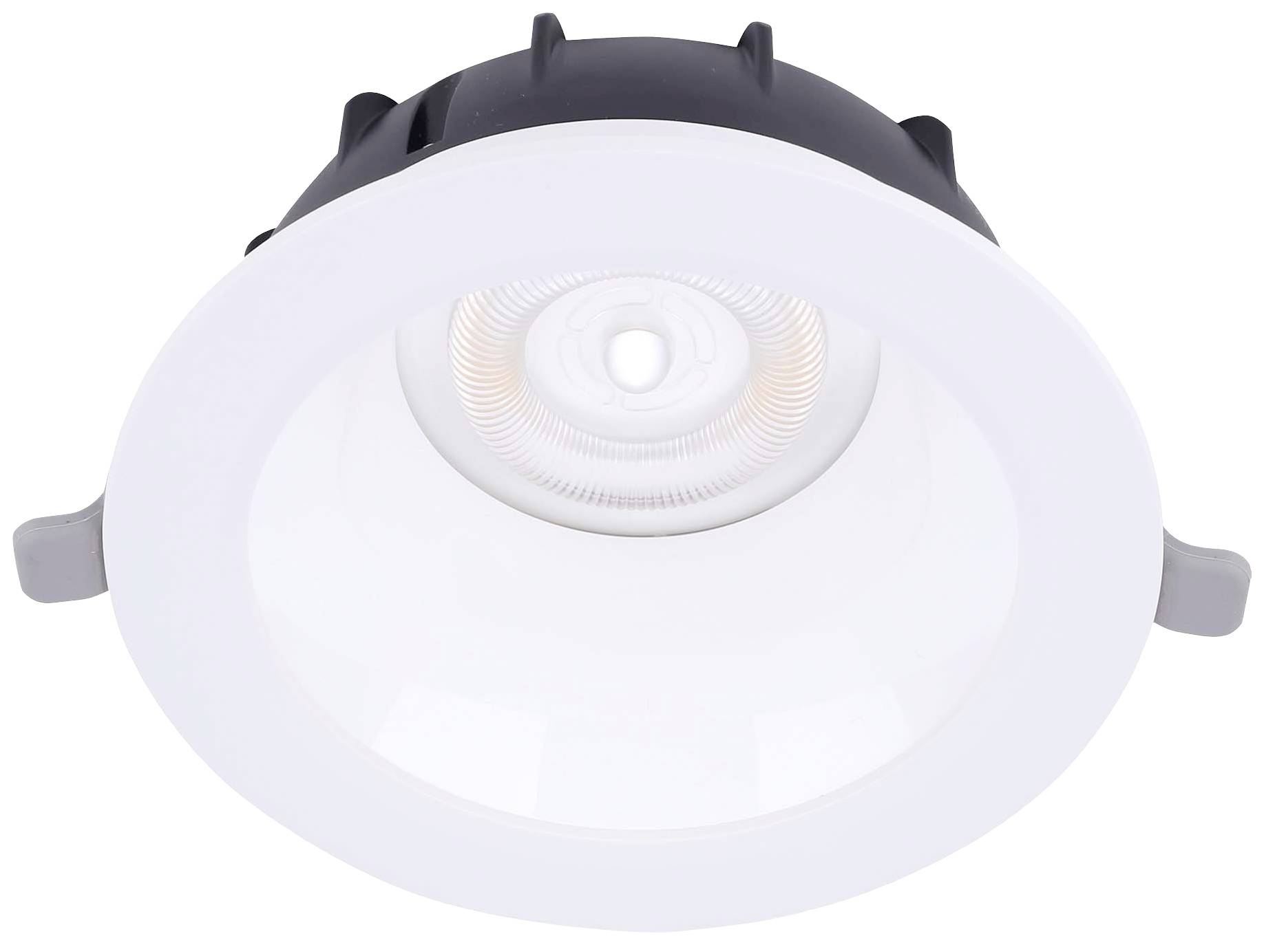 Eine runde, weiße LED-Deckeneinbauleuchte mit schwarzem Gehäuse und sichtbarem Leuchtmittel. Ideal für moderne Innenräume.