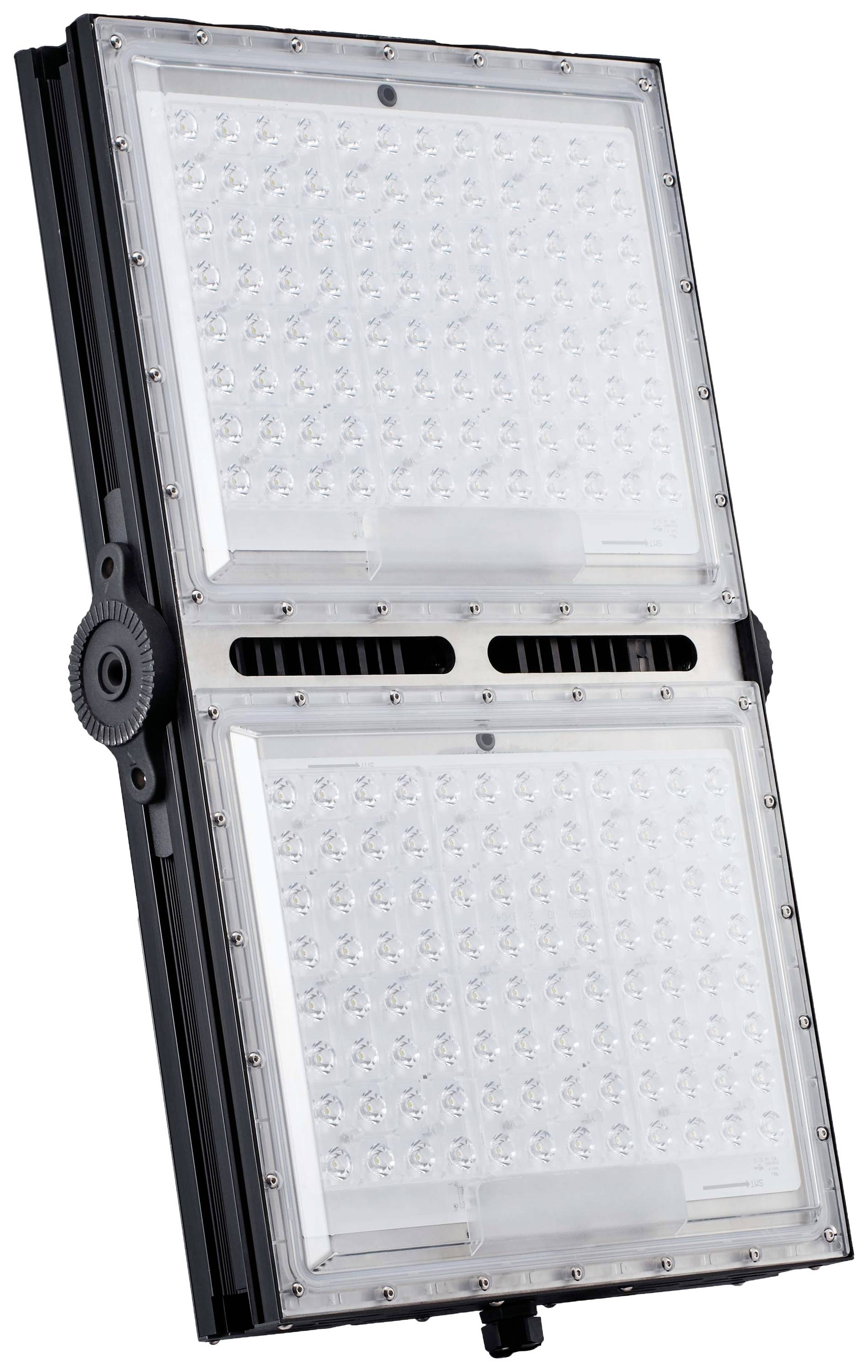 Zweifaches LED-Flutlichtpanel, vertikal angeordnet, mit sichtbarer Struktur der LEDs, eingebaut in ein schwarzes, rechteckiges Gehäuse.