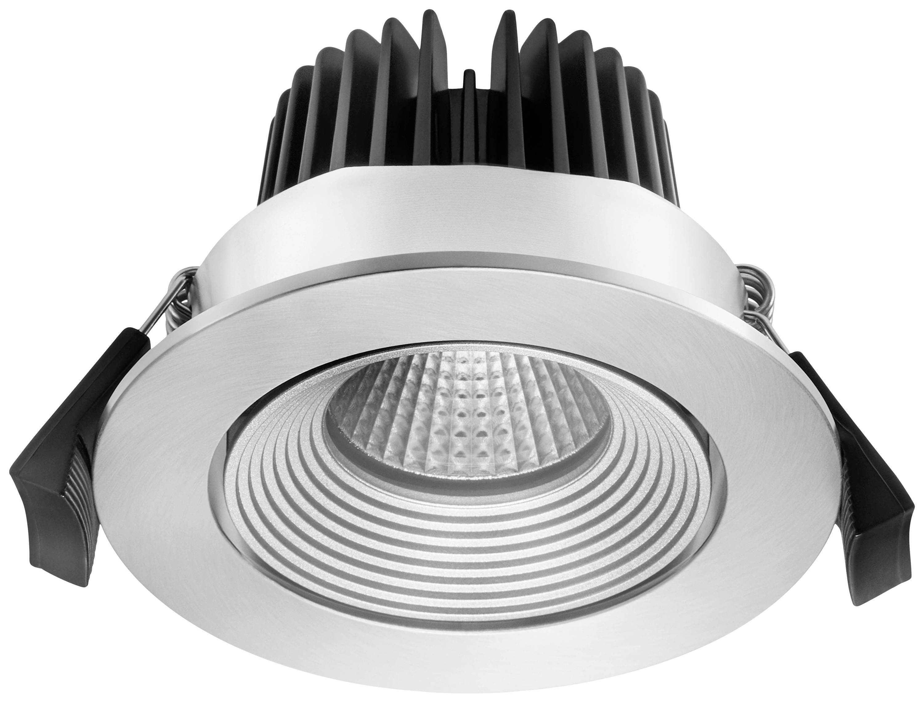 Eine runde LED-Einbauleuchte mit metallischem Gehäuse und Kühlrippen, geeignet für Deckenmontage, modern und energieeffizient.
