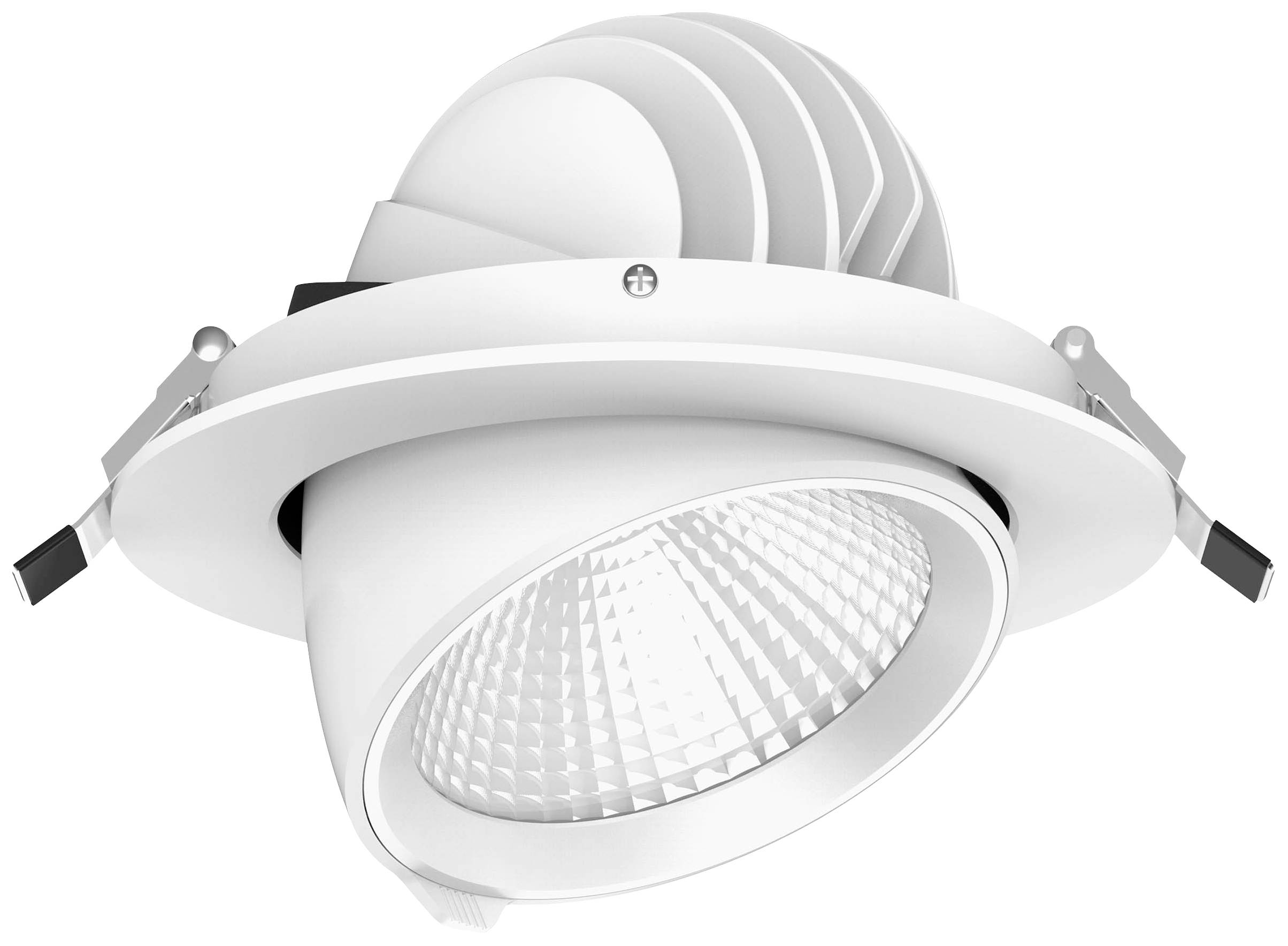 Eine weiße, verstellbare LED-Deckenleuchte mit einem reflektierenden inneren Lampenschirm, geeignet für moderne Innenräume.