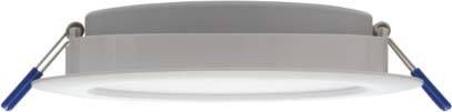 Runde LED-Einbauleuchte mit grauem Rand und bläulich-silbernen Halteklammern. Geeignet zur Deckenmontage in Wohnräumen.